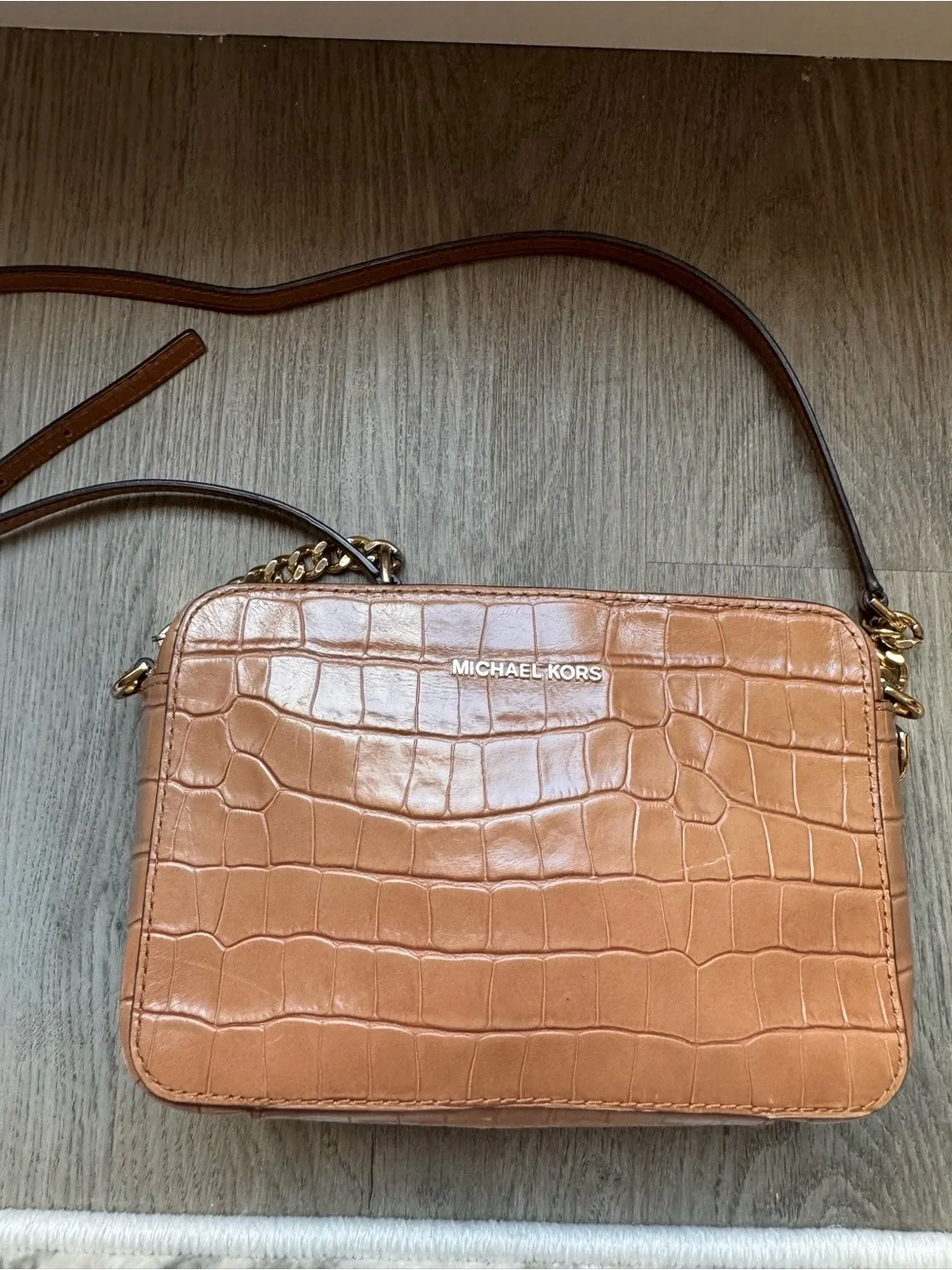 Michael Kors Cognac Croc-Embossed Crossbody Bag with Gold Chain - Picture 3 of 3